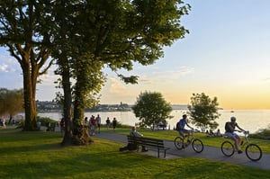 Biking near the sea with the sunsetting